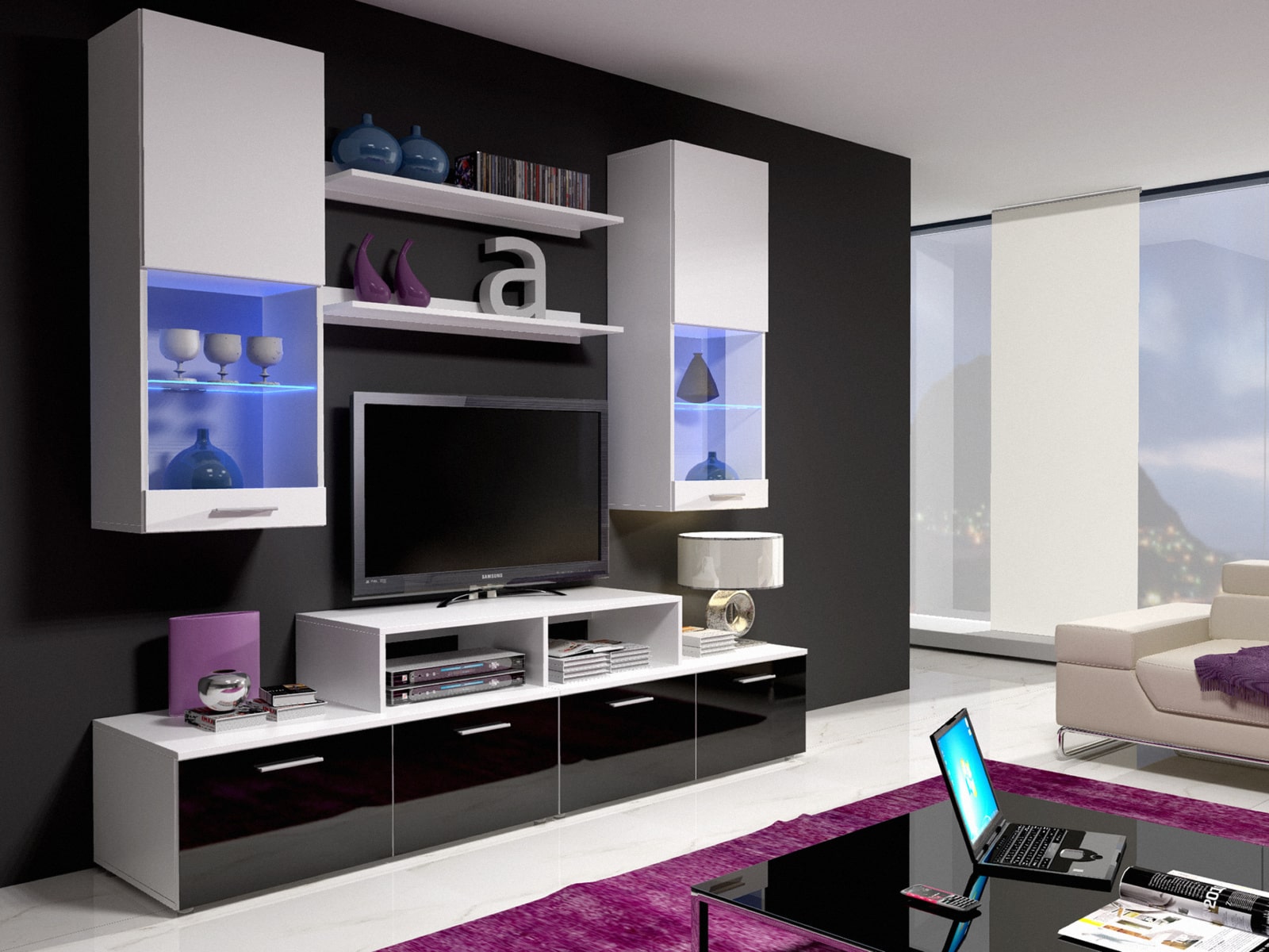 Obývací stěna MINI II s LED osvětlením, bílá/bílý lesk + černý lesk