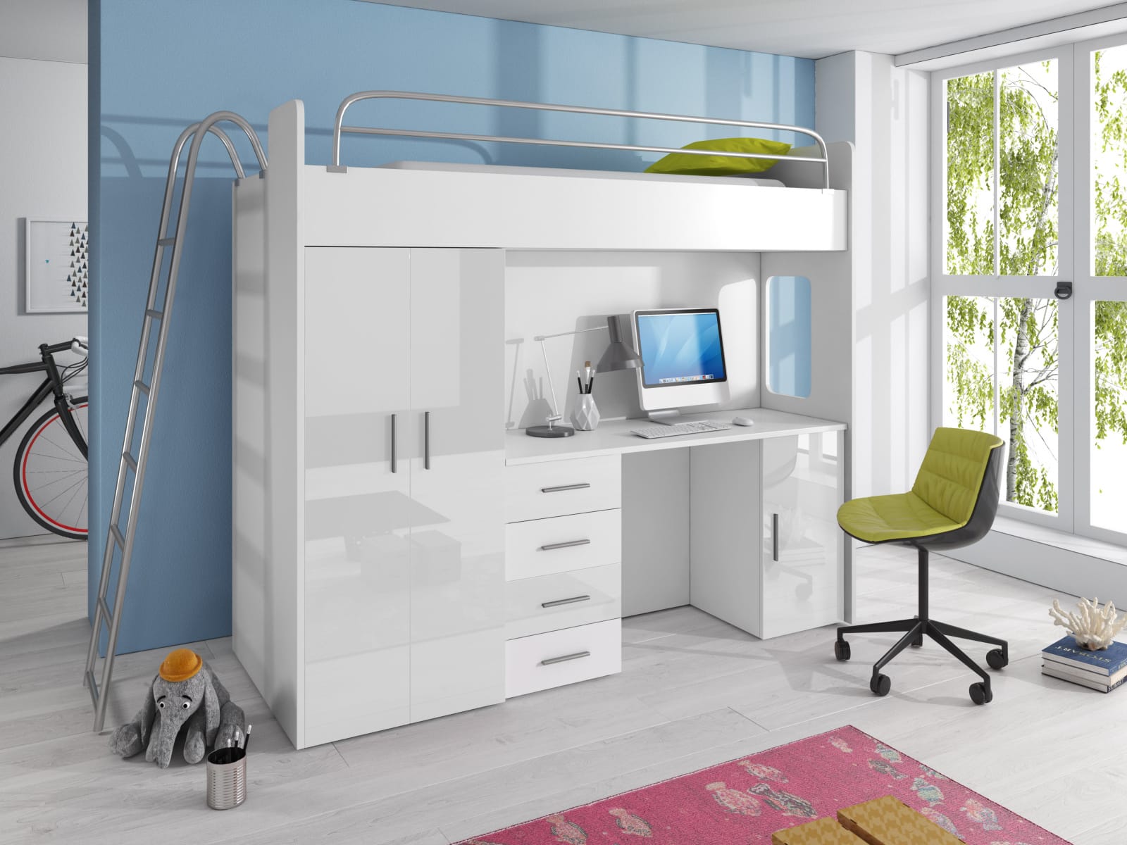 Patrová postel se skříní a psacím stolem RAJ 4D, bílá