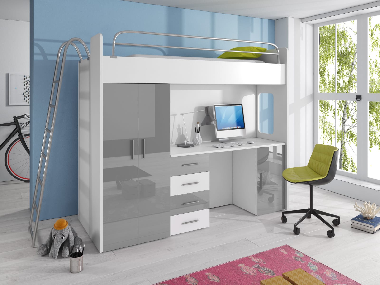 Patrová postel se skříní a psacím stolem RAJ 4D, bílá/šedá