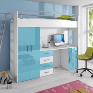 Patrová postel se skříní a psacím stolem RAJ 4D, bílá/tyrkysová