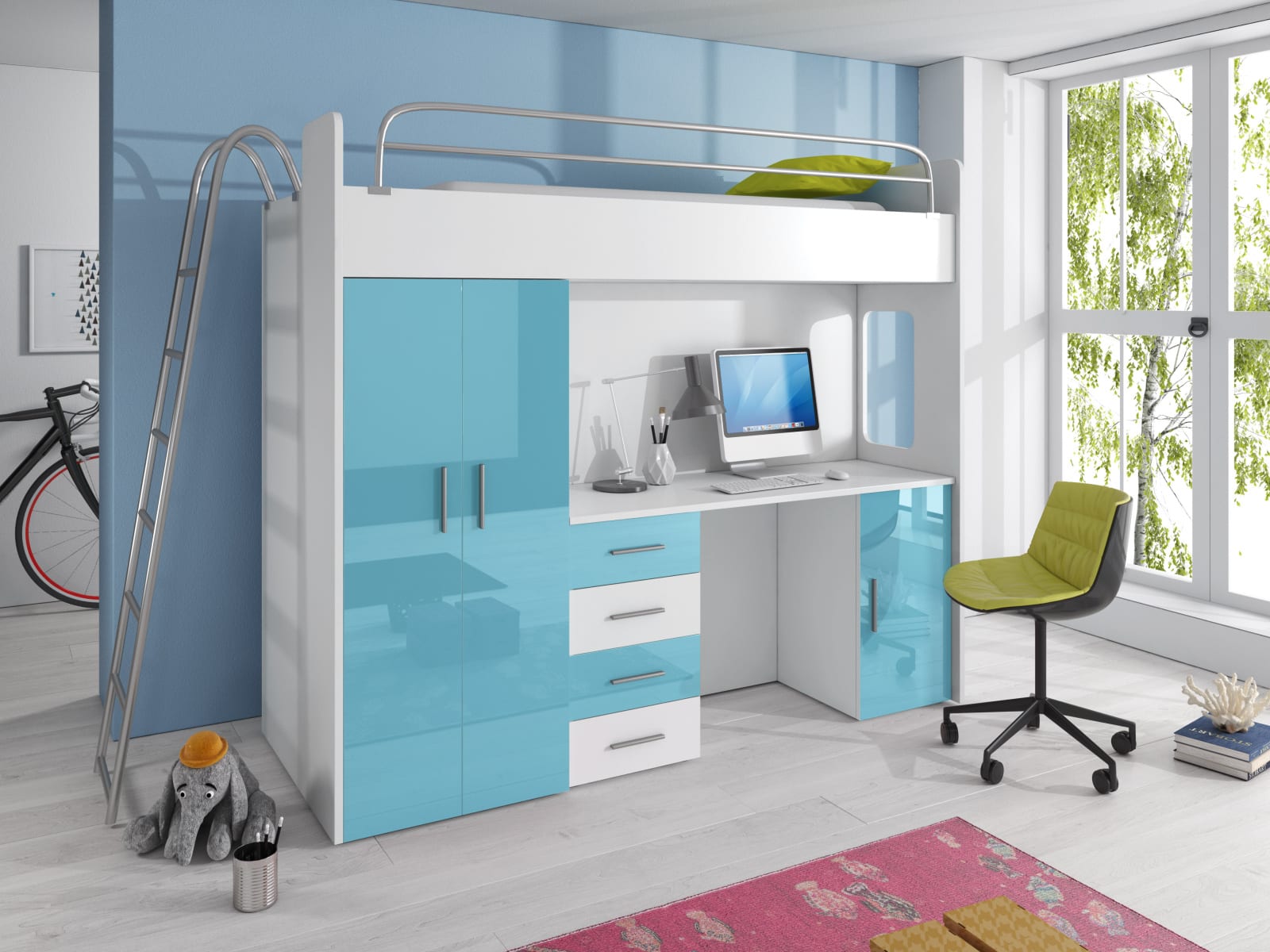 Patrová postel se skříní a psacím stolem RAJ 4D, bílá/tyrkysová