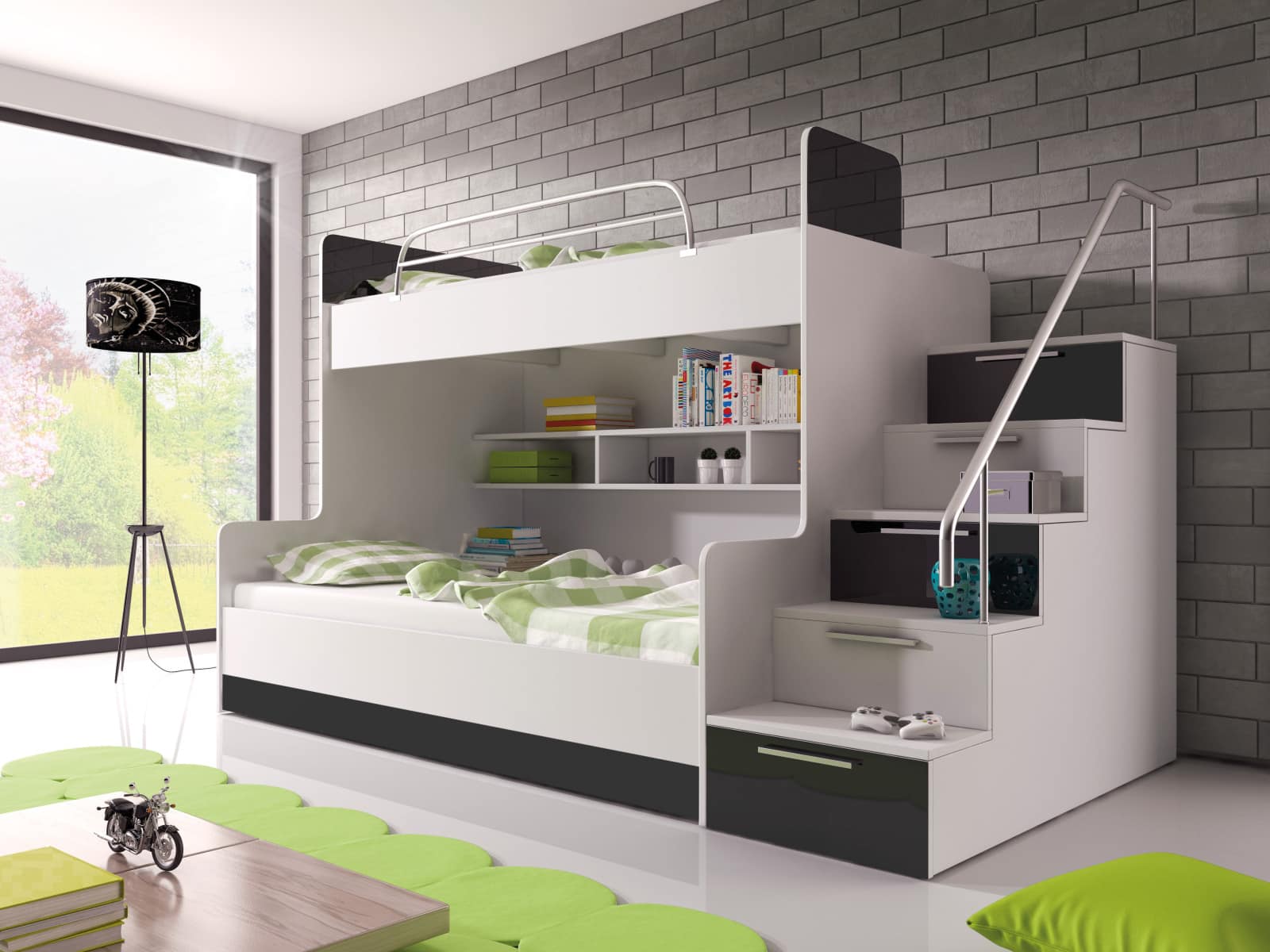 Patrová postel RAJ 2 pravá, bílá/černý lesk