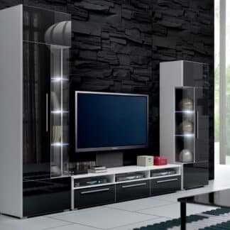 Obývací stěna ROMA II s LED osvětlením, bílá/černý lesk