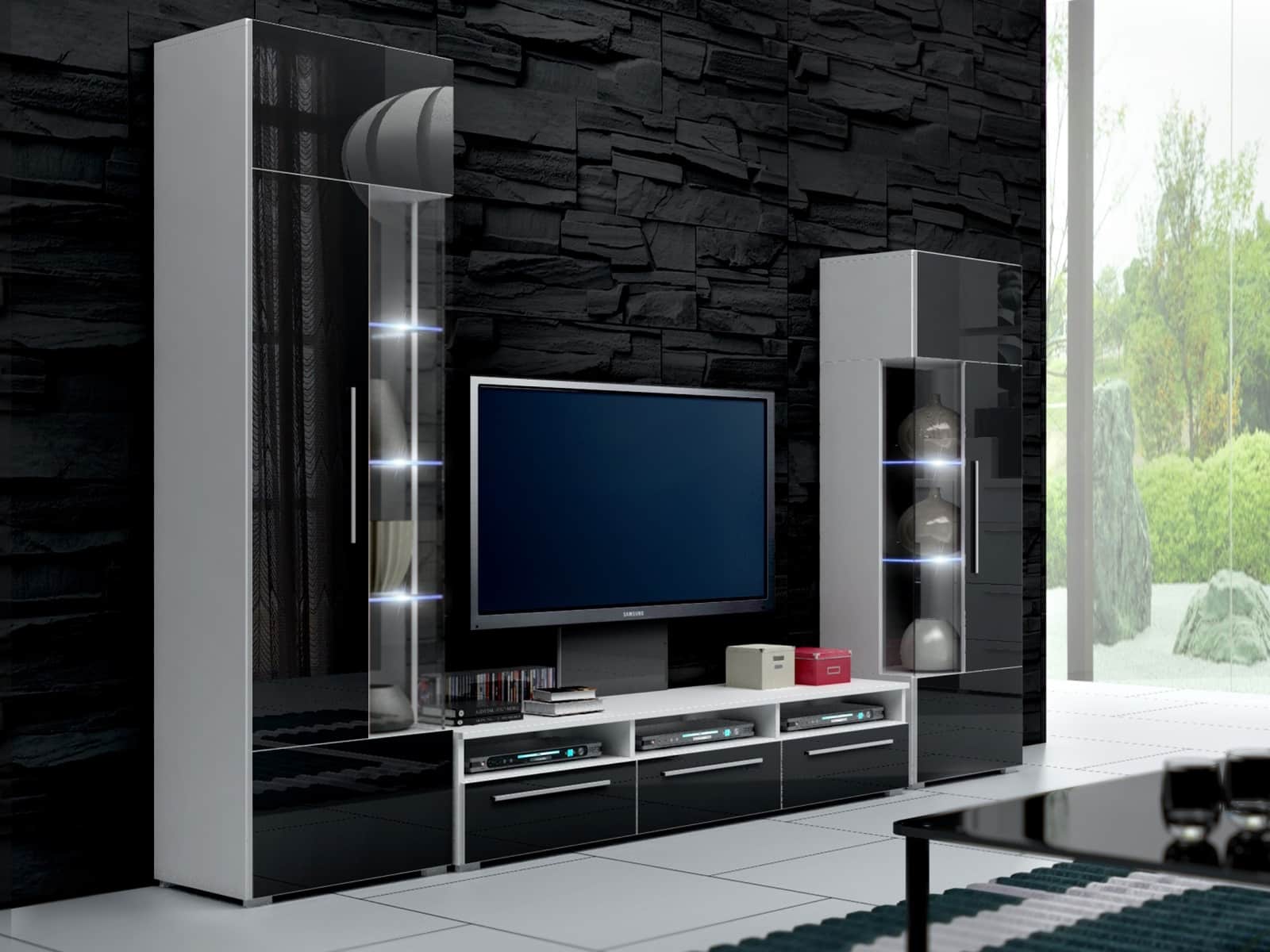 Obývací stěna ROMA II s LED osvětlením, bílá/černý lesk