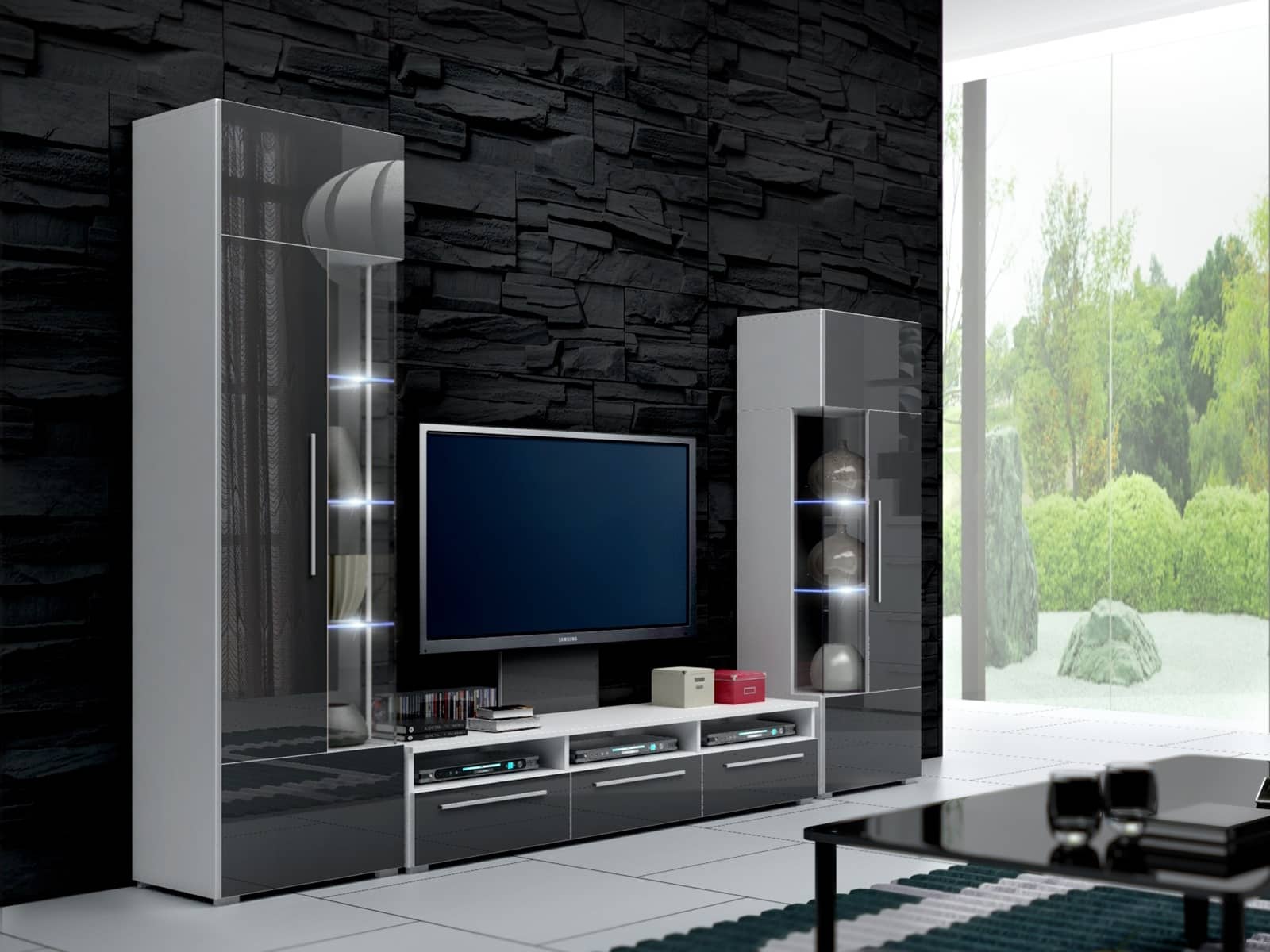 Obývací stěna ROMA II s LED osvětlením, bílá/šedý lesk