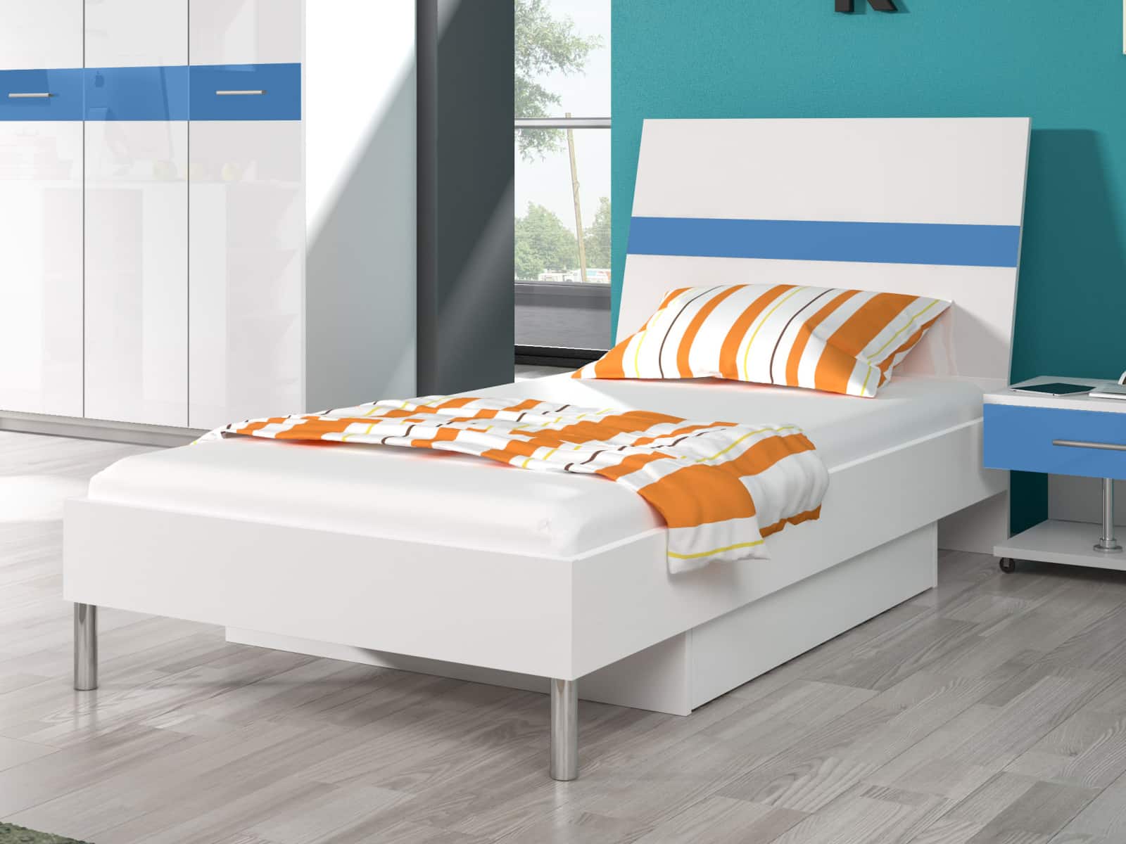 Postel 90x200 cm RAJ 1, bílá/modrý lesk