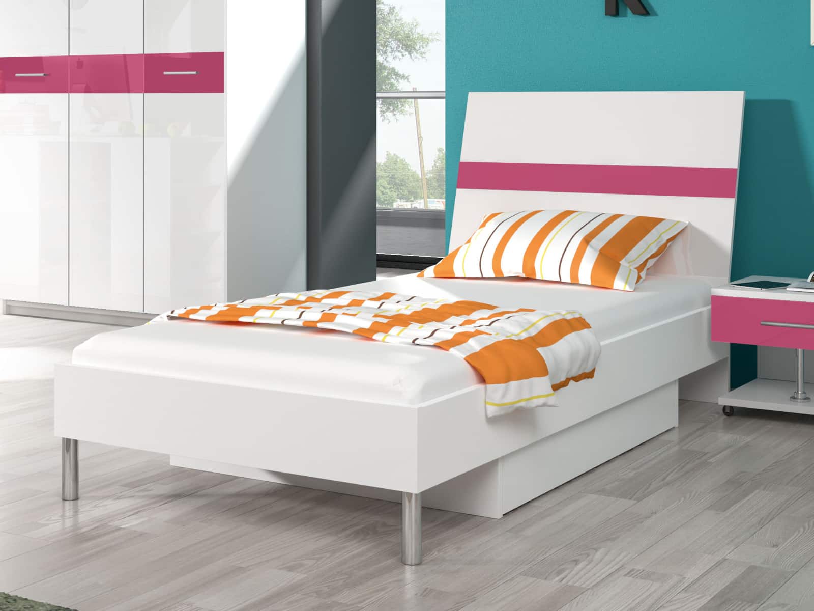 Postel 90x200 cm RAJ 1, bílá/růžový lesk