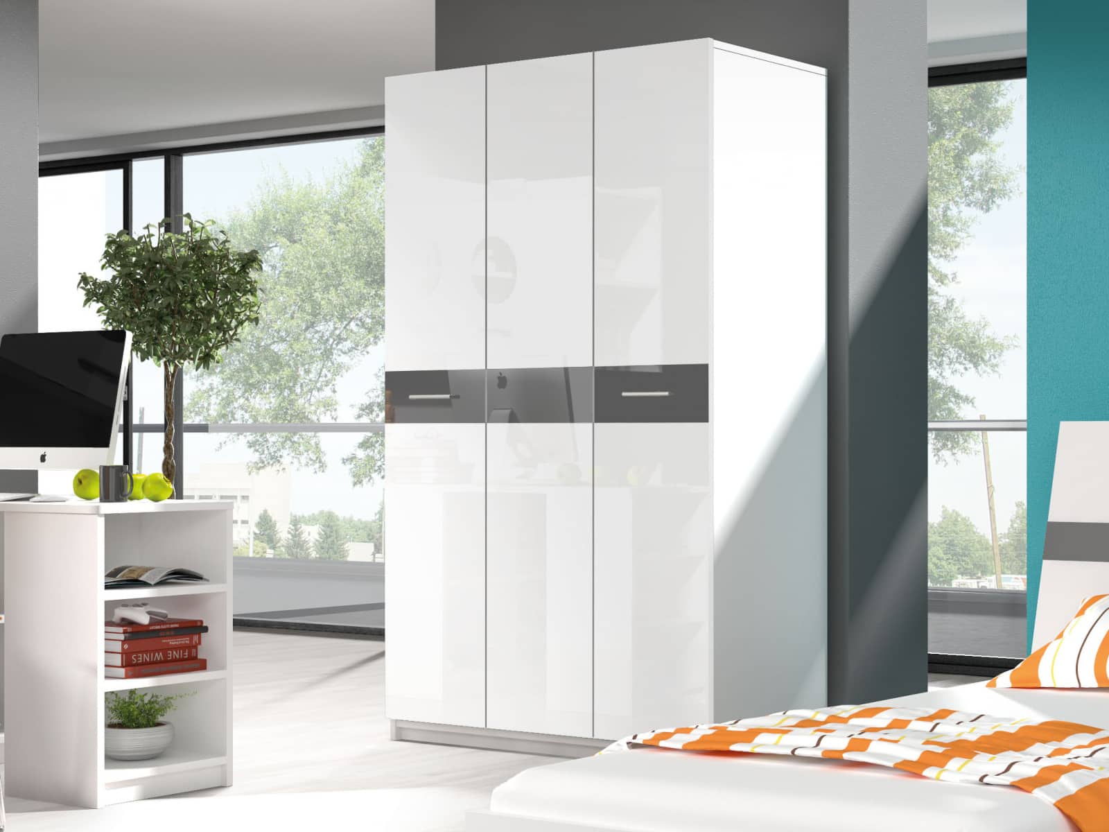 Šatní skříň RAJ 1, bílá/šedý lesk