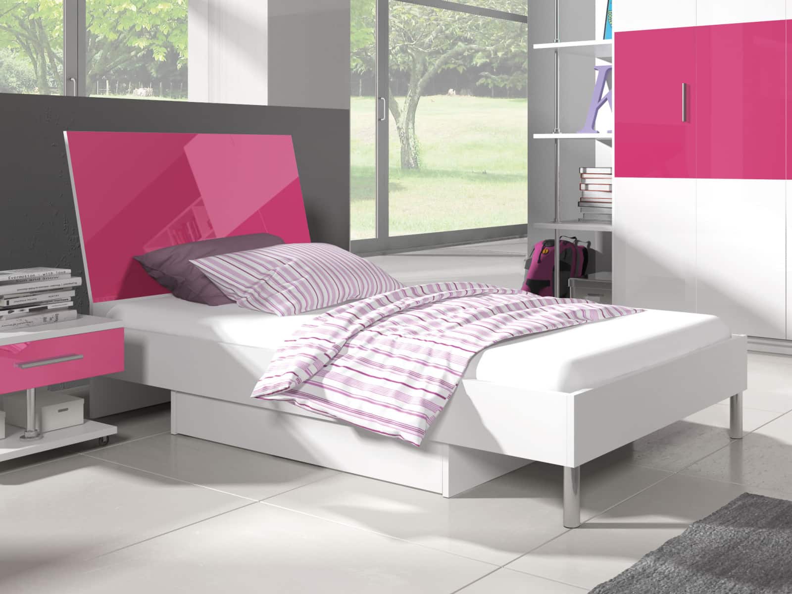 Postel 90x200 cm RAJ 3, bílá/růžový lesk