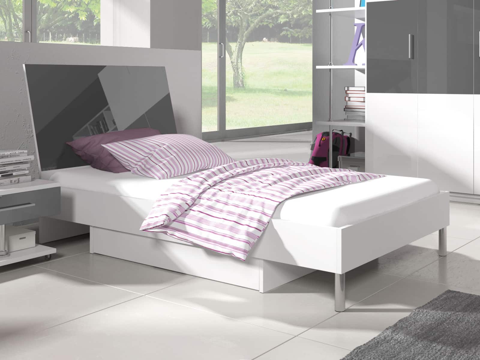 Postel 90x200 cm RAJ 3, bílá/šedý lesk