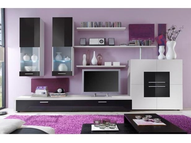 Obývací stěna DELTA I s LED osvětlením, bílá/černý lesk