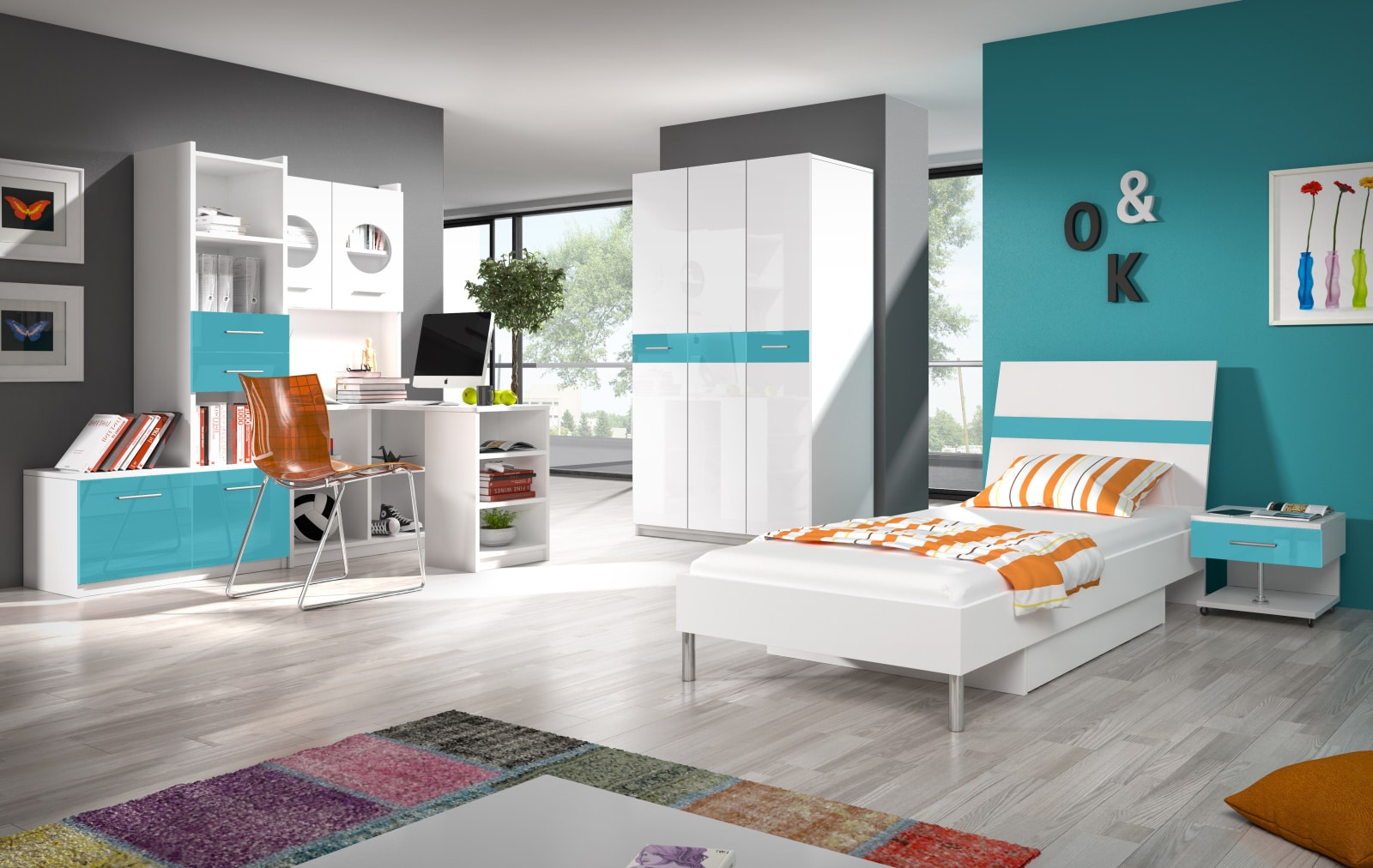 Dětský pokoj RAJ 1, bílá/tyrkysový lesk