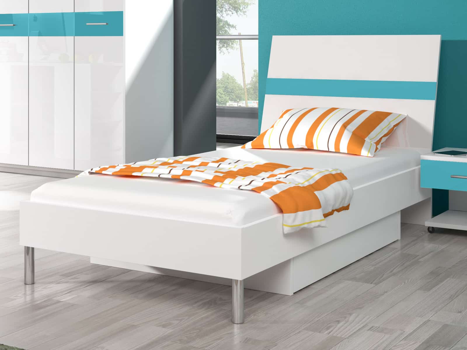 Postel 90x200 cm RAJ 1, bílá/tyrkysový lesk