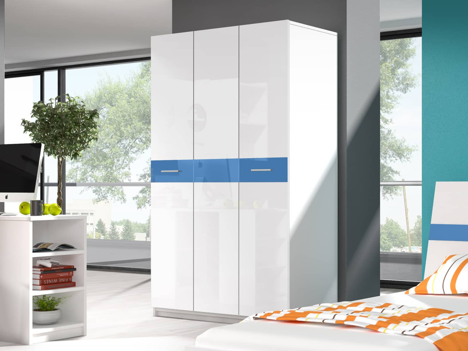 Šatní skříň RAJ 1, bílá/modrý lesk