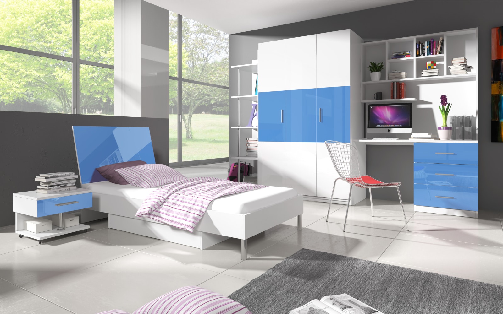 Dětský pokoj RAJ 3, bílá/modrý lesk