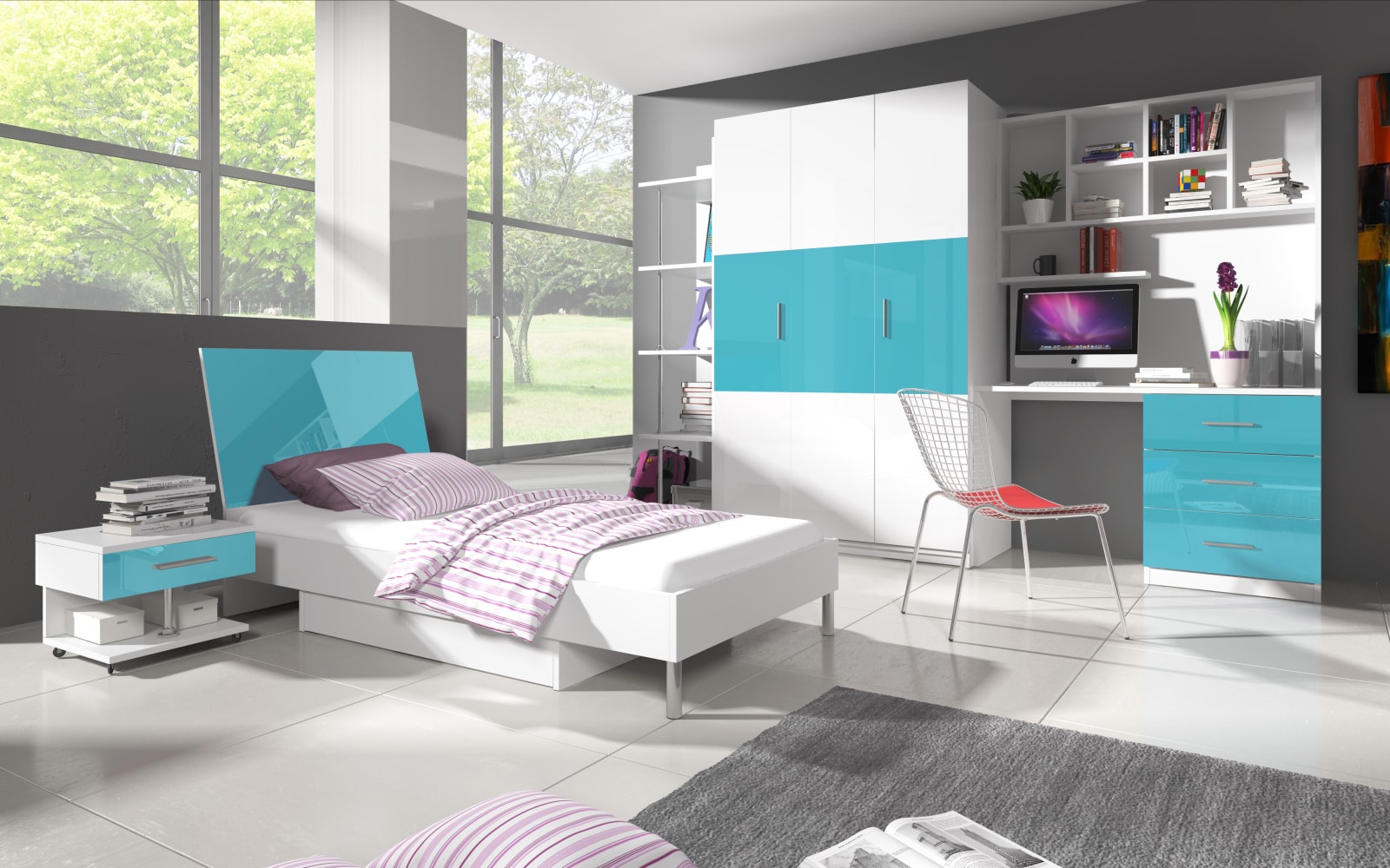 Dětský pokoj RAJ 3, bílá/tyrkysový lesk