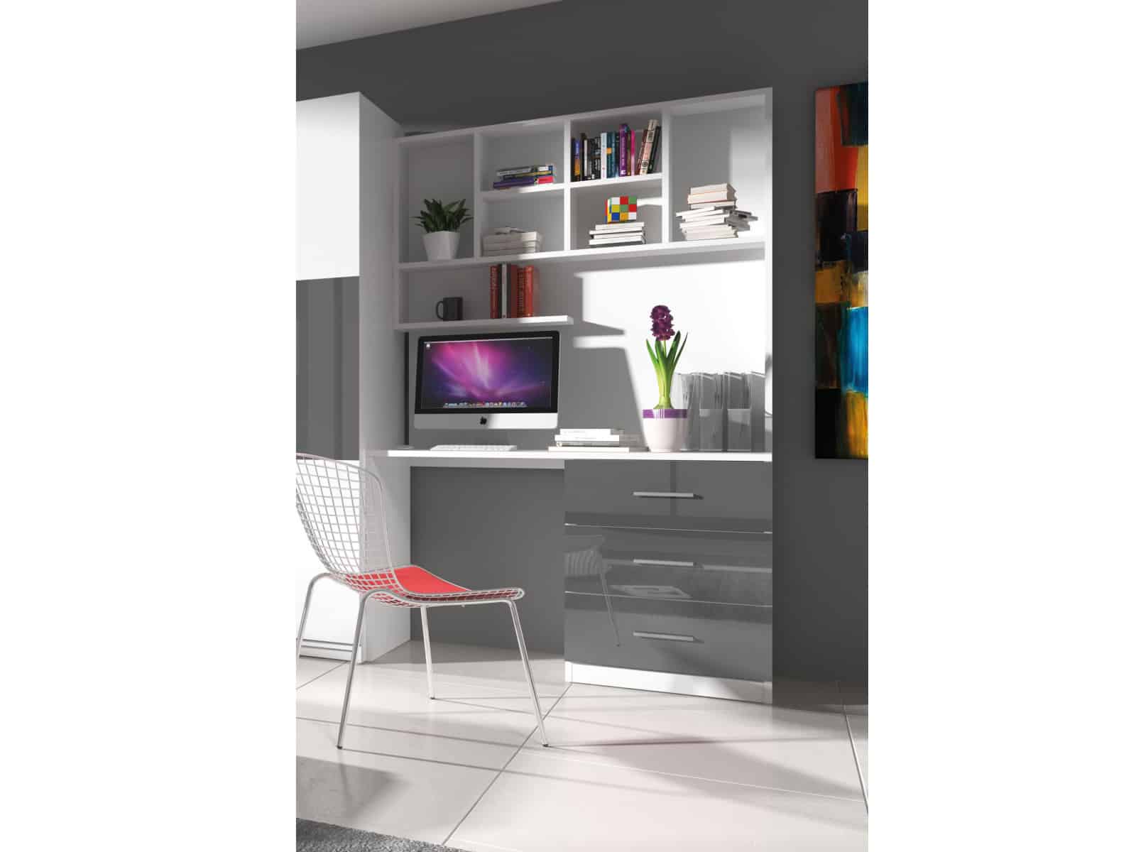 Regál s psacím stolem RAJ 3, bílá/šedý lesk