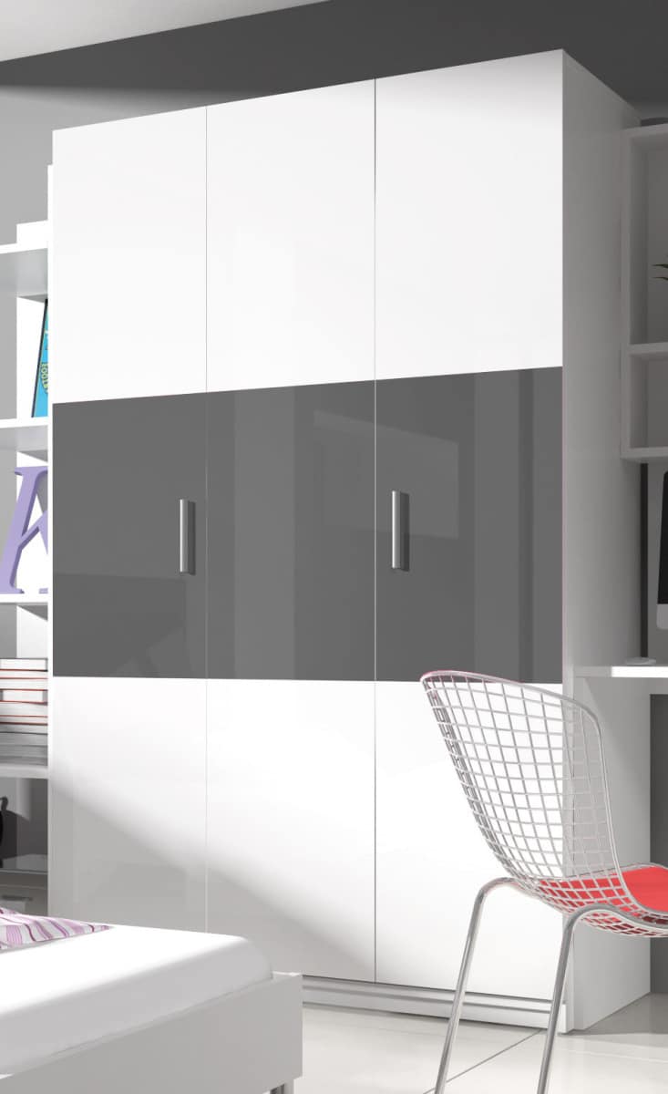 Šatní skříň RAJ 3, bílá/šedý lesk