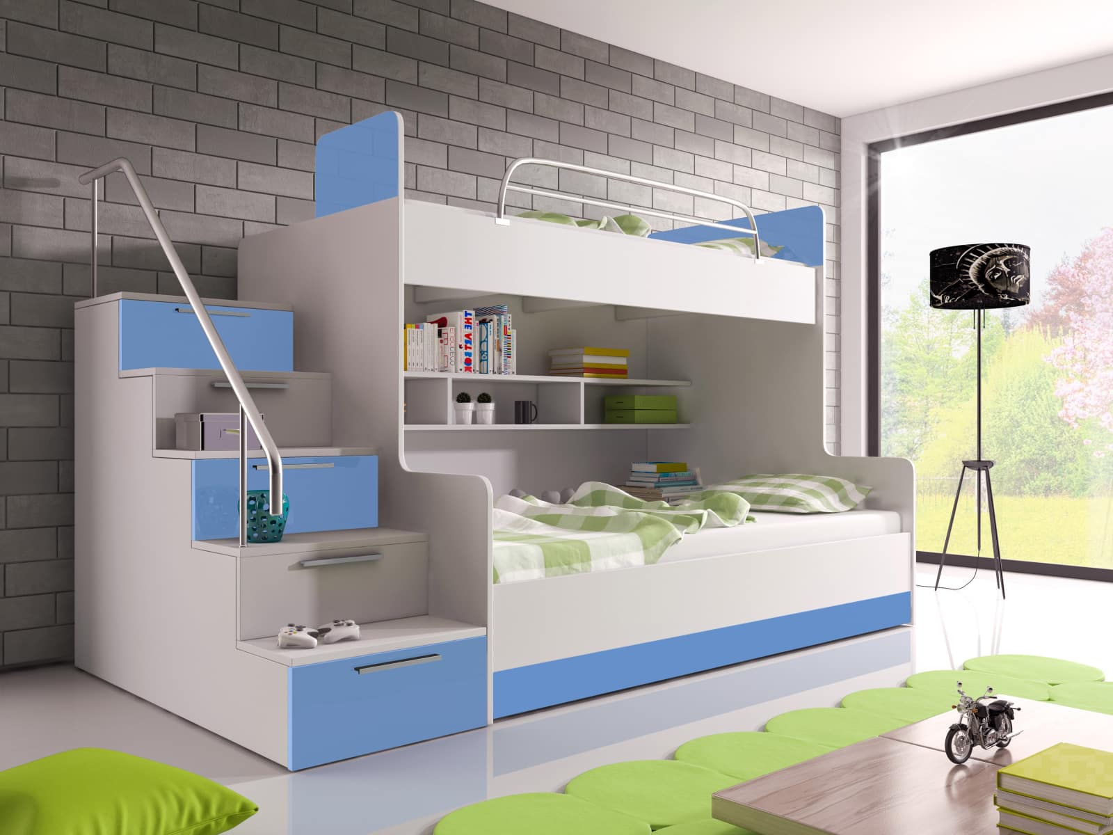 Patrová postel RAJ 2 levá, bílá/modrý lesk