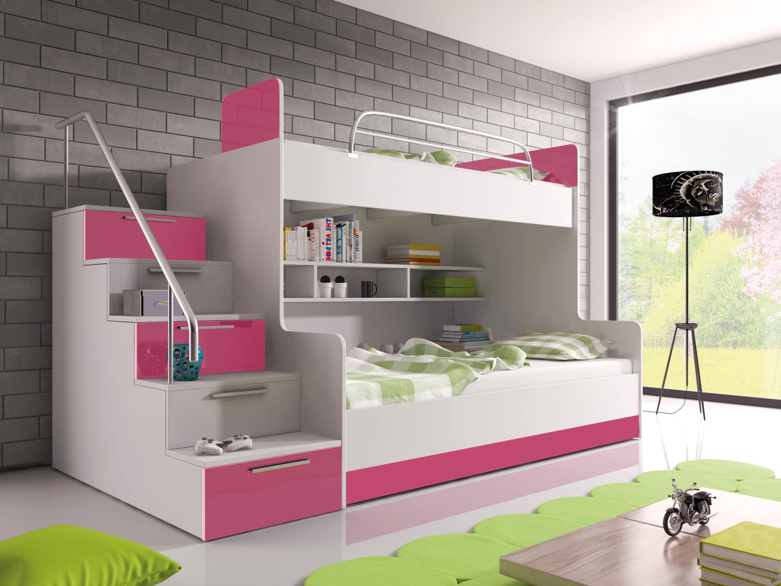 Patrová postel RAJ 2 levá, bílá/růžový lesk