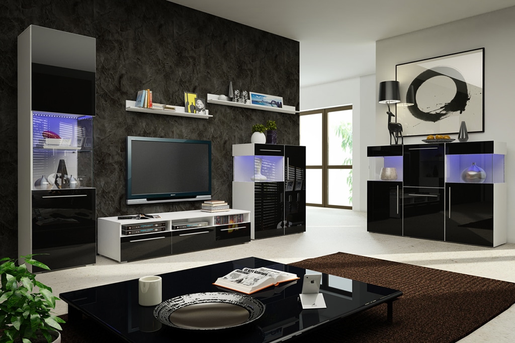 Obývací pokoj NICEA 5, bílá/černý lesk