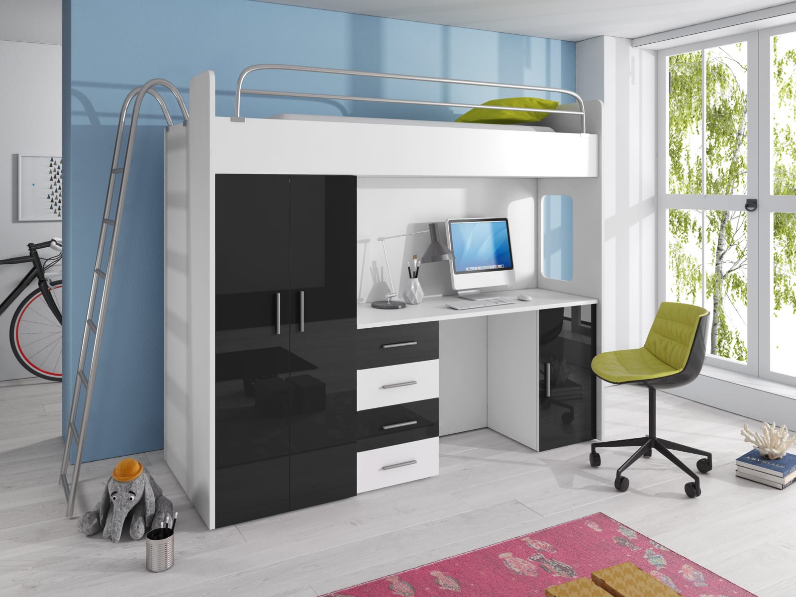 Patrová postel se skříní a psacím stolem RAJ 4D, bílá/černá