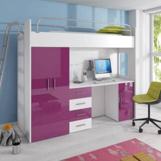 Patrová postel se skříní a psacím stolem RAJ 4D, bílá/fialová