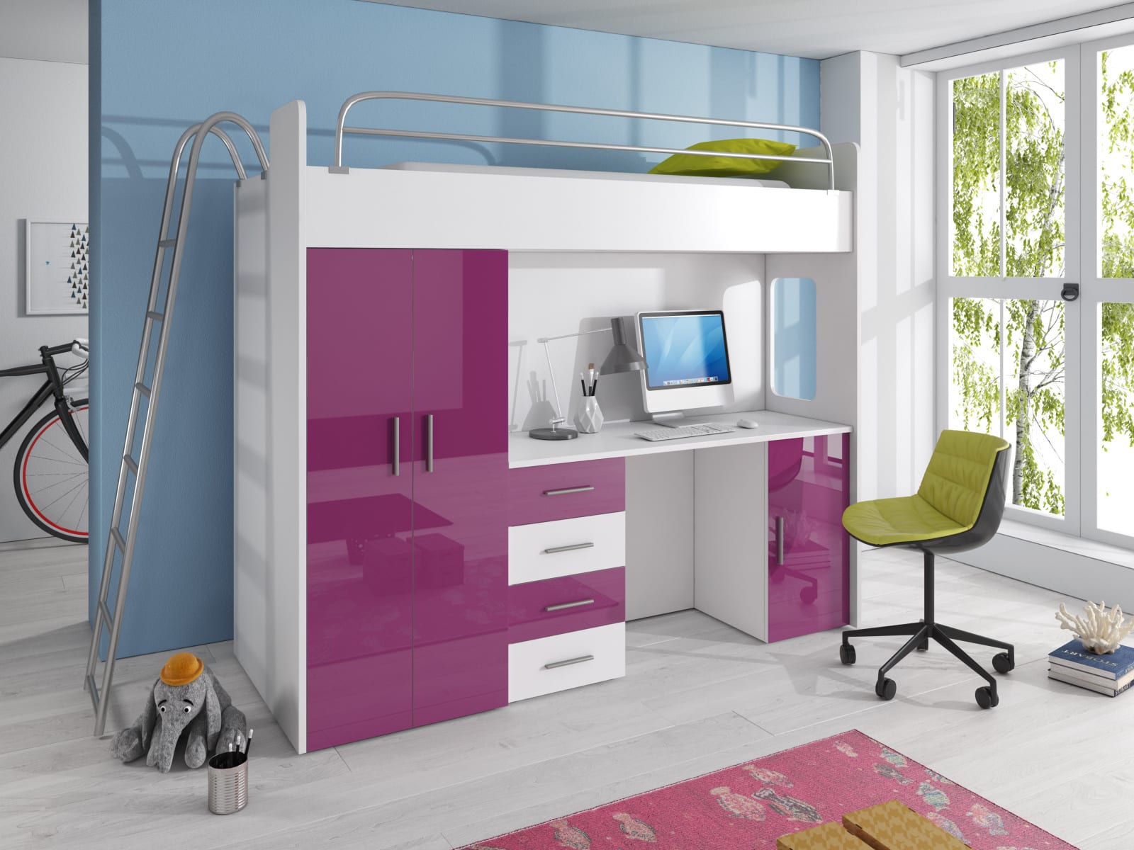Patrová postel se skříní a psacím stolem RAJ 4D, bílá/fialová