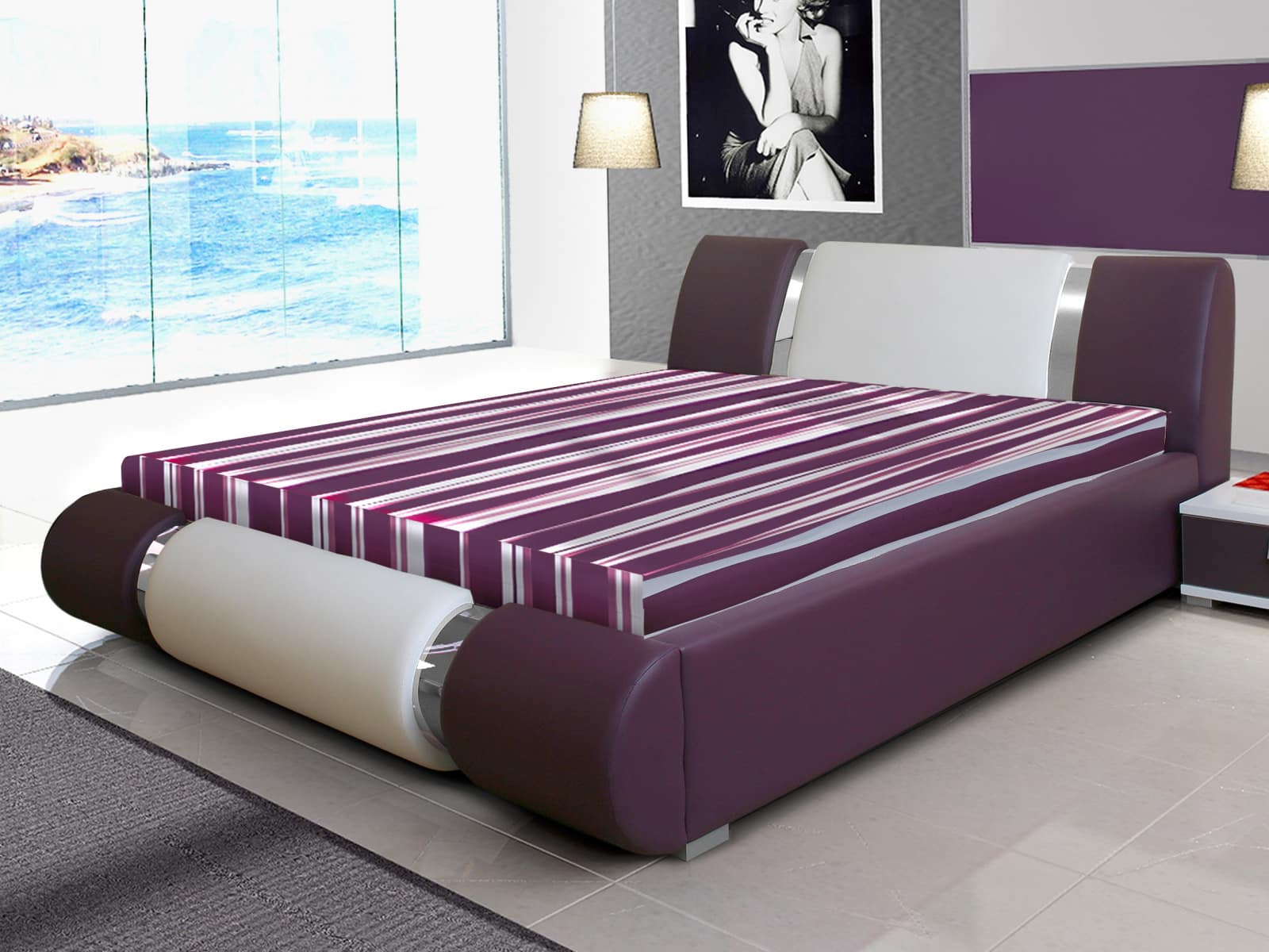 Čalouněná postel RIVA II 160x200 cm, bílá ekokůže/fialová ekokůže