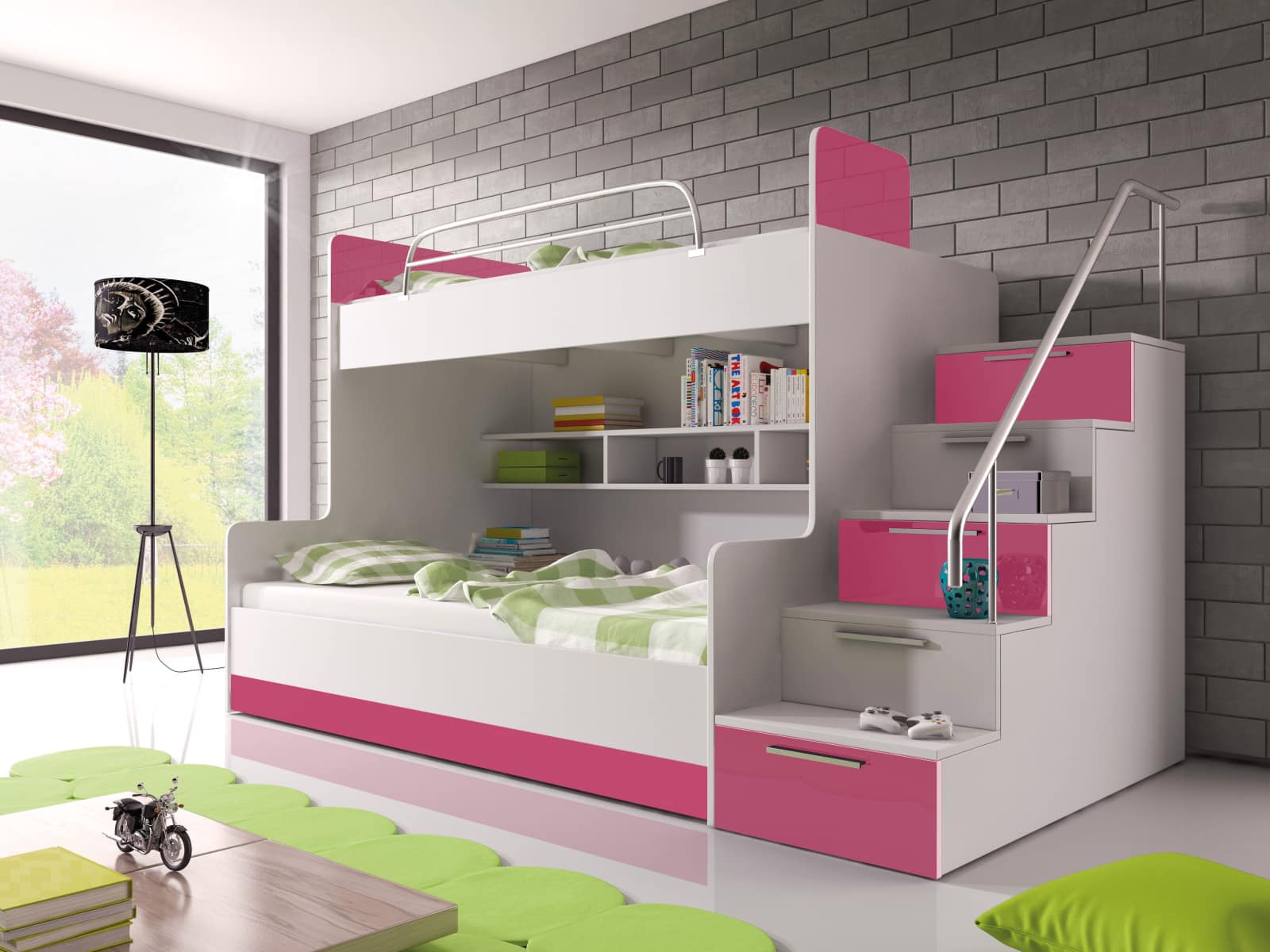 Patrová postel RAJ 2 pravá, bílá/růžový lesk