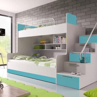 Patrová postel RAJ 2 pravá, bílá/tyrkysový lesk