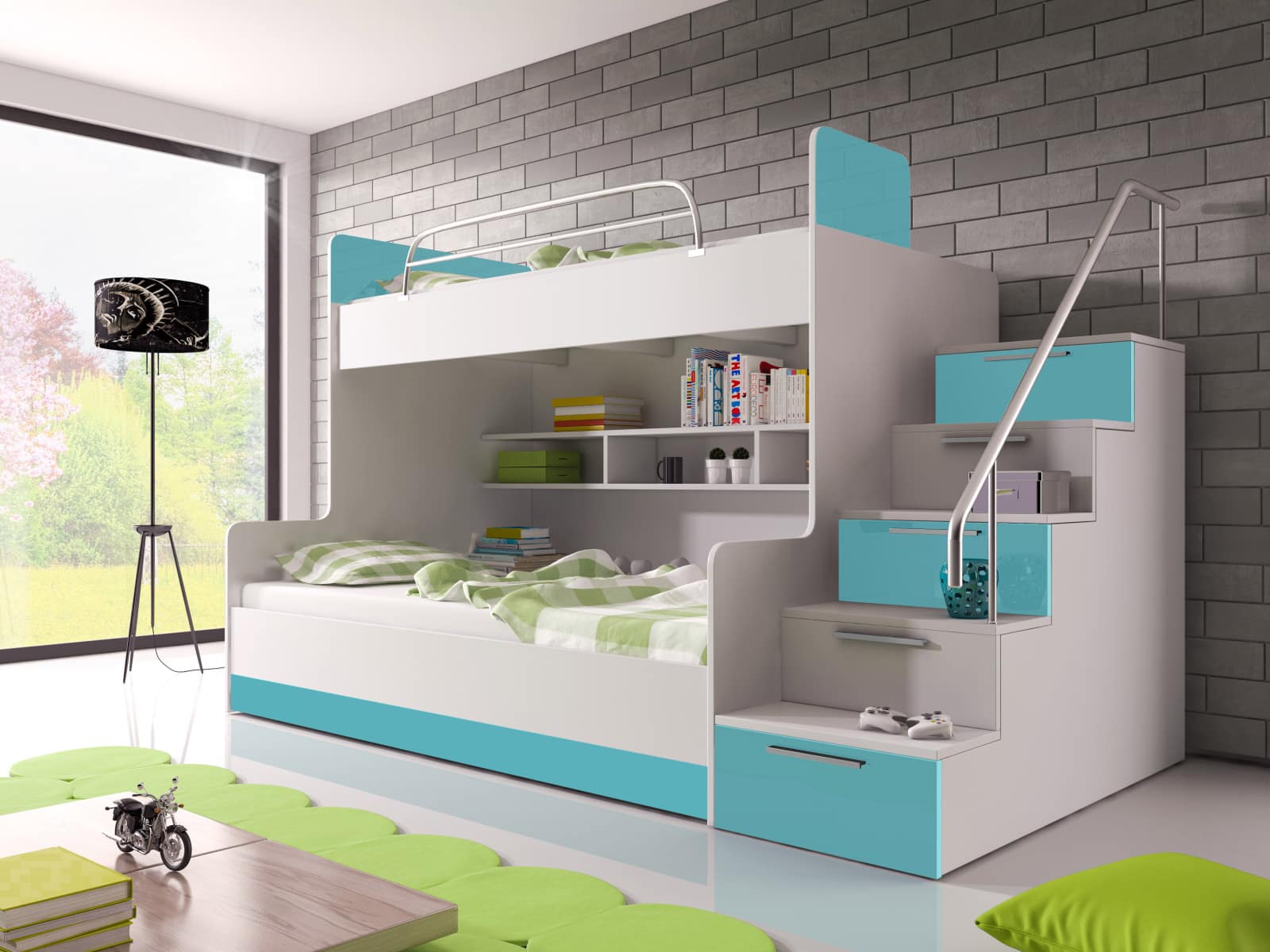 Patrová postel RAJ 2 pravá, bílá/tyrkysový lesk