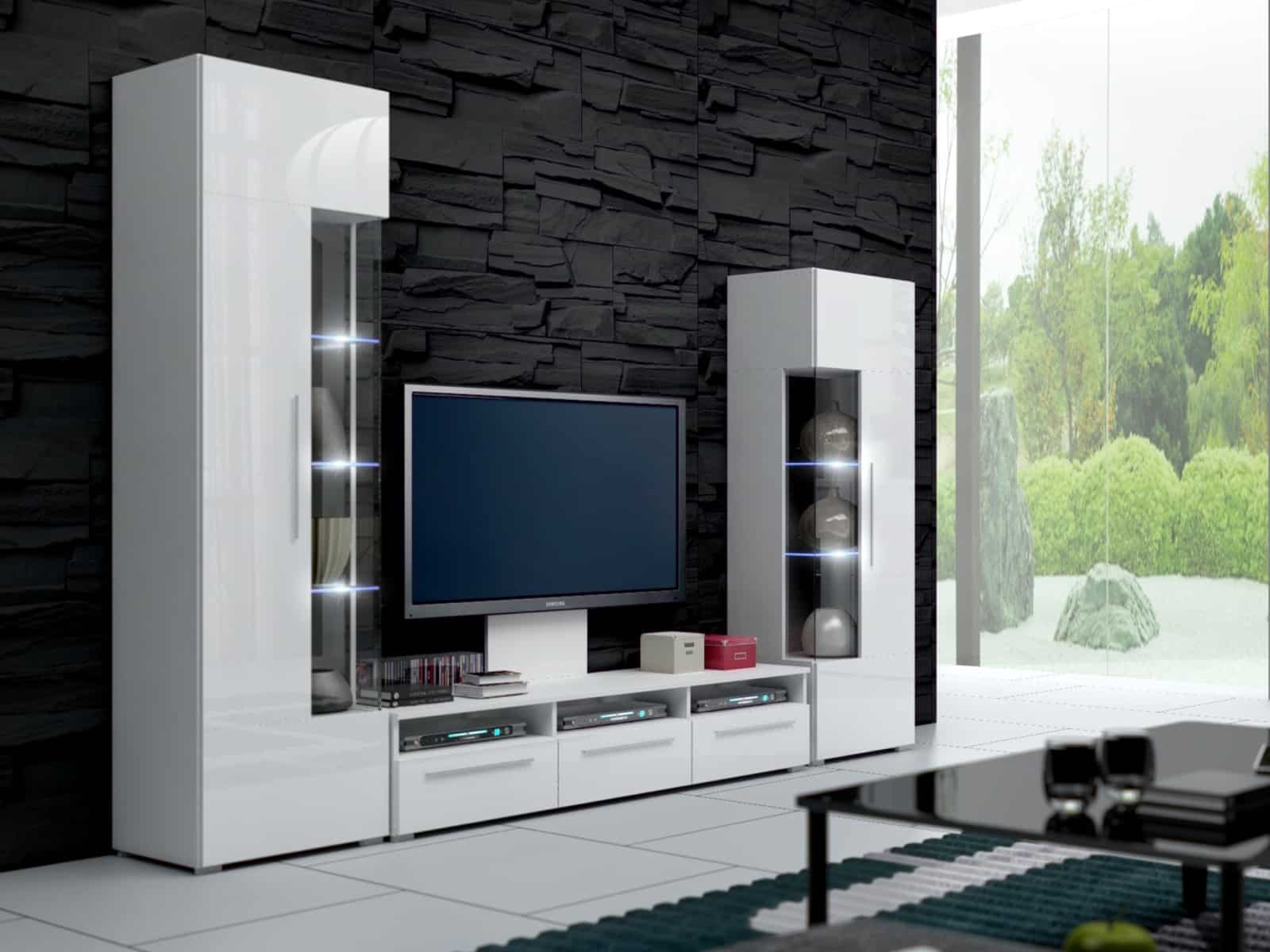 Obývací stěna ROMA II s LED osvětlením, bílá/bílý lesk