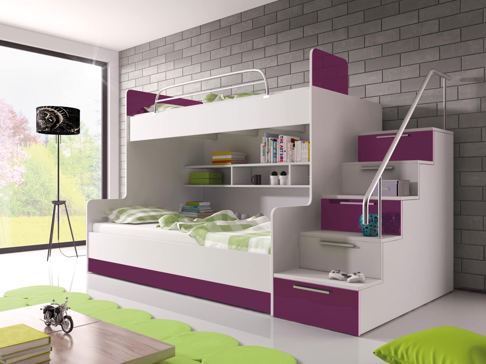 Patrová postel RAJ 2 pravá, bílá/fialový lesk