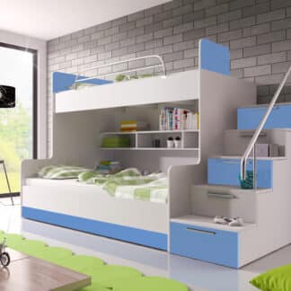 Patrová postel RAJ 2 pravá, bílá/modrý lesk