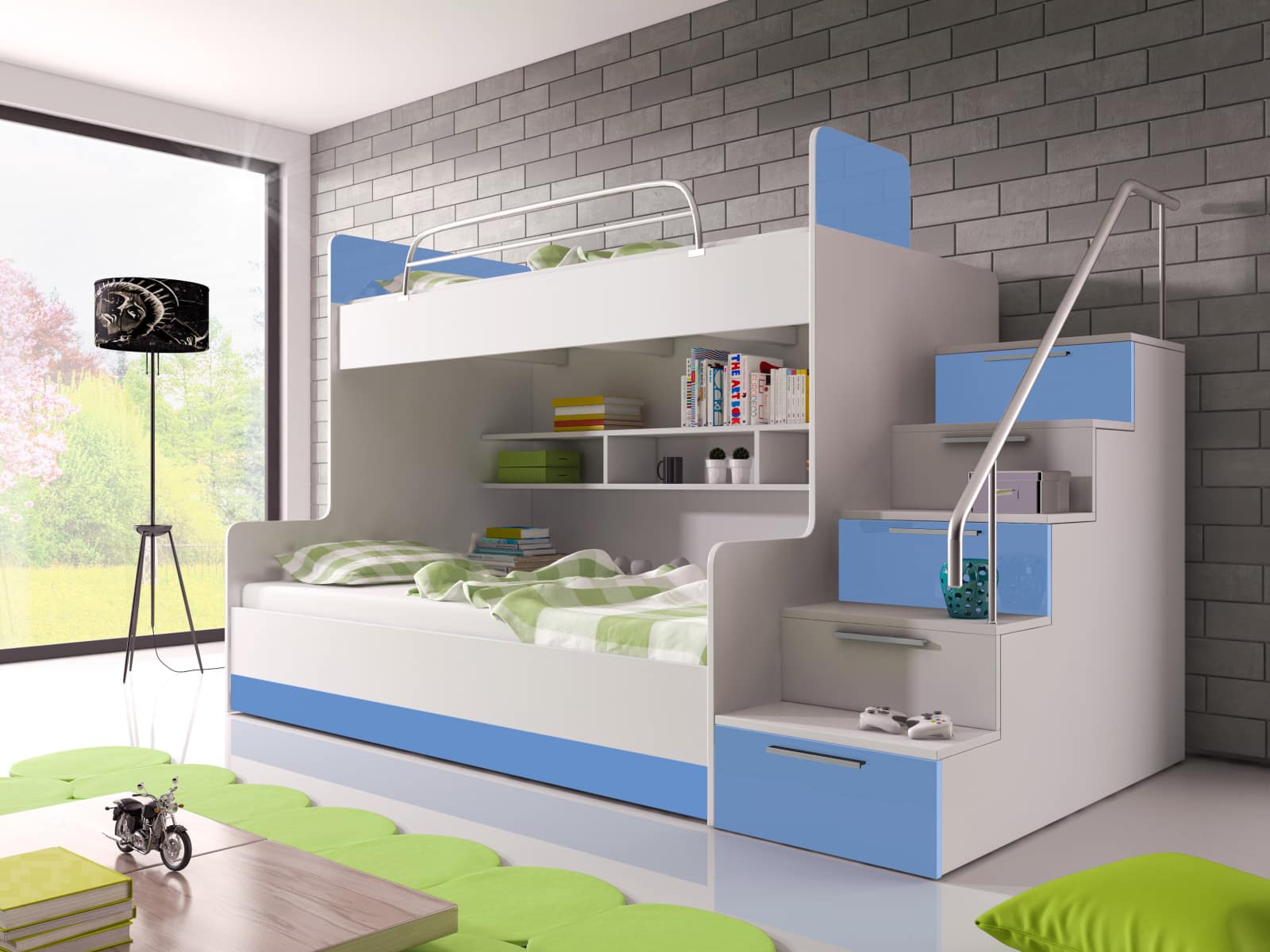 Patrová postel RAJ 2 pravá, bílá/modrý lesk