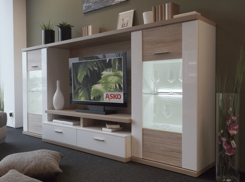 Asko Obývací stěna Caracas Media, dub/bílý lesk, s osvětlením