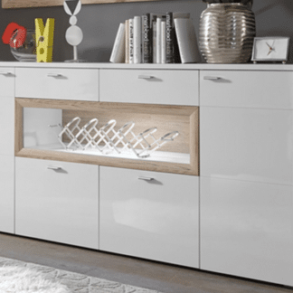 Asko Široká komoda Prag T6, bílý lesk/dub san remo, s osvětlením