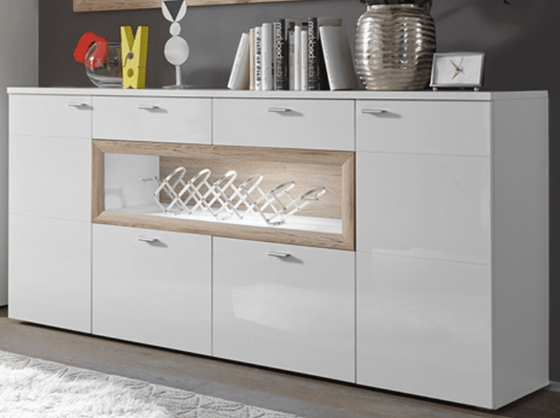 Asko Široká komoda Prag T6, bílý lesk/dub san remo, s osvětlením