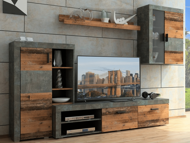 Asko Obývací stěna Pico, tmavý beton/vintage optika dřeva, s osvětlením